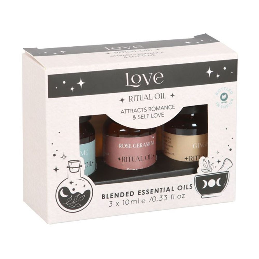 Set of 3 Love Ritual Blended Essential Oils featuring Ylang Ylang, Geranium, and Nutmeg, designed to create a romantic and serene atmosphere for rituals and relaxation.