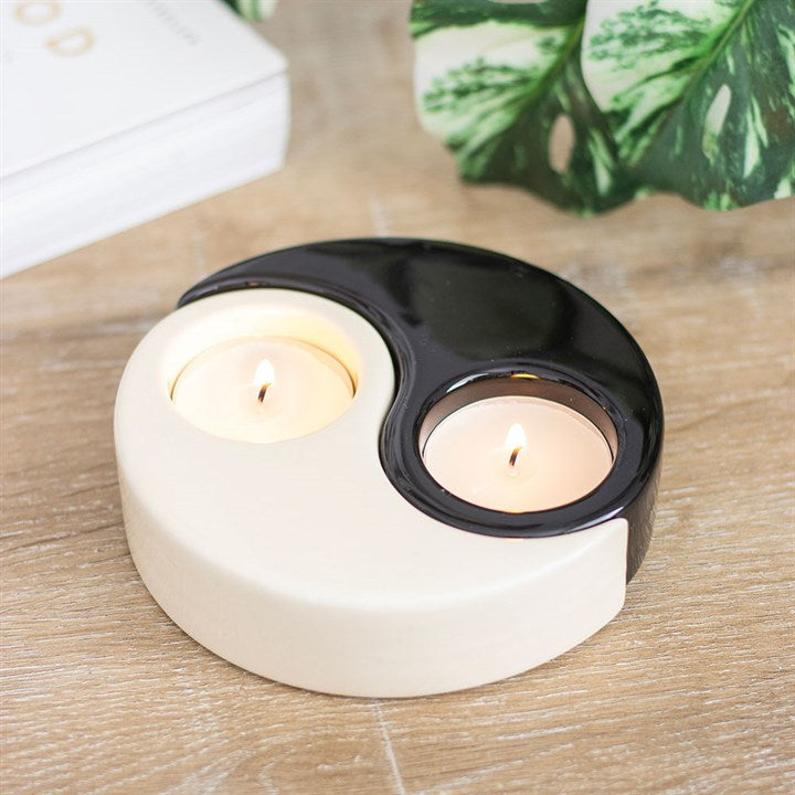 Modern yin and yang 2-piece tealight holder symbolising balance, designed to hold two standard tealight candles.