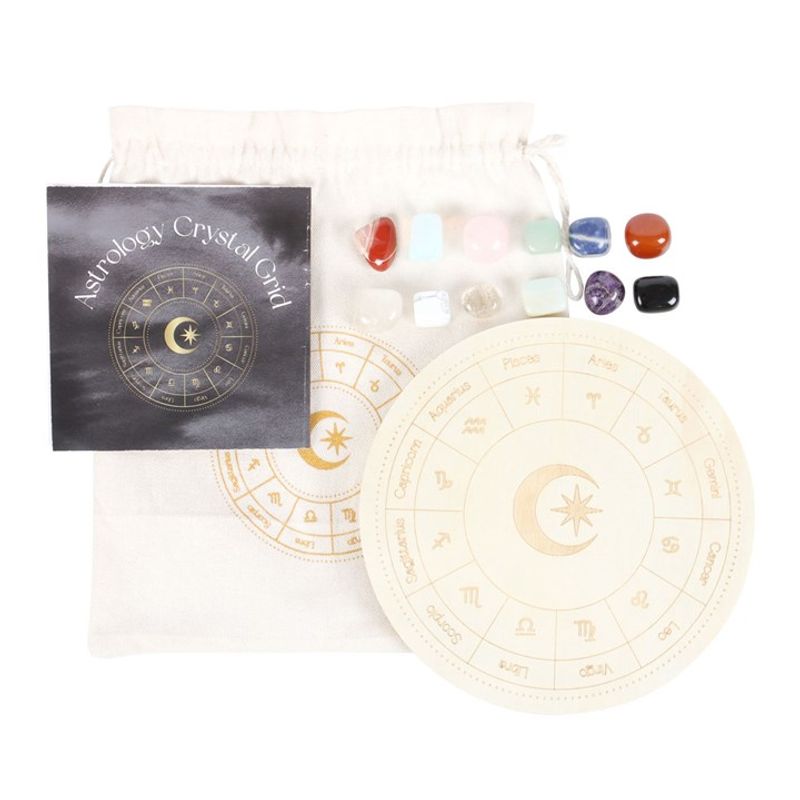 Astrology Wheel Crystal Grid Set featuring 12 zodiac crystals, a wooden grid for energy alignment, and an instruction booklet, all presented in a matching storage bag.