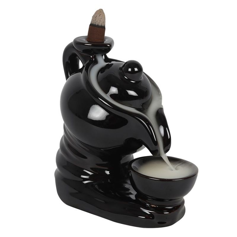 Teapot Backflow Incense Burner with cascading smoke effect and teacup design