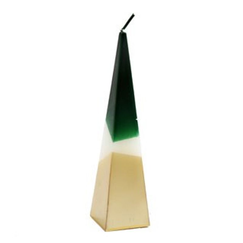 32cm tall pyramid-shaped candle with a modern green and gold dipped design, perfect for stylish home décor and creating an elegant ambiance.