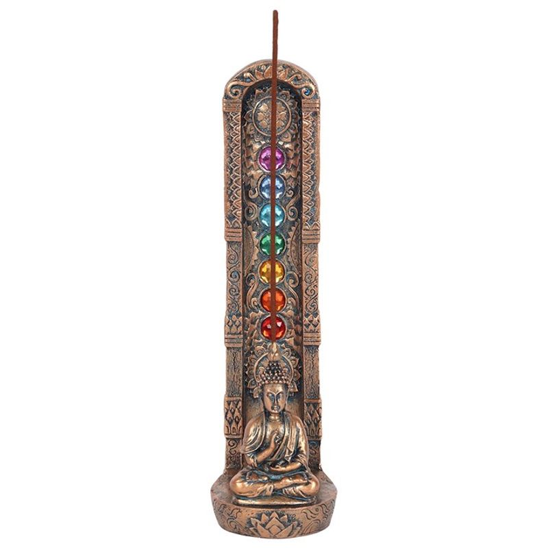 Antique bronze effect Chakra and Buddha incense stick holder with seven Chakra colours and meditating Buddha design, perfect for home decor and energy alignmen