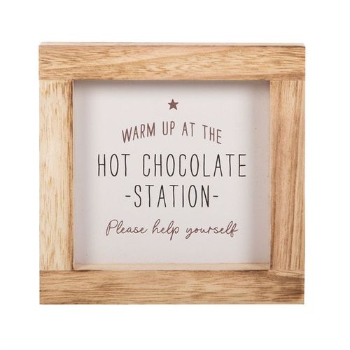 'Hot Chocolate Station' wooden sign with rustic design, perfect for creating a cozy hot chocolate bar for winter gatherings and holiday celebrations.