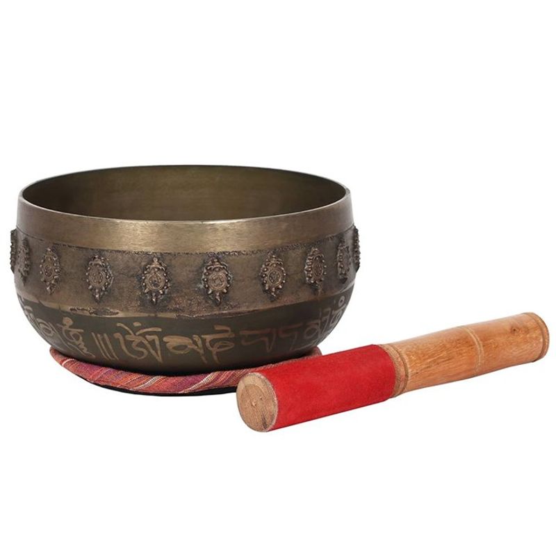 A handcrafted 12cm Beaten Brass Singing Bowl, complete with a fabric mat and wooden striker. Ideal for meditation, sound healing, and energy clearing, this Tibetan-style bowl produces calming tones to enhance relaxation and mindfulness.