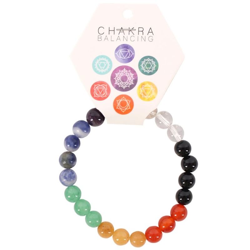 Chakra Ball Bracelet with 7 colorful gemstone beads (Black Agate, Carnelian, Yellow Jade, Green Aventurine, Sodalite, Amethyst, Clear Quartz) for balancing and healing energy.