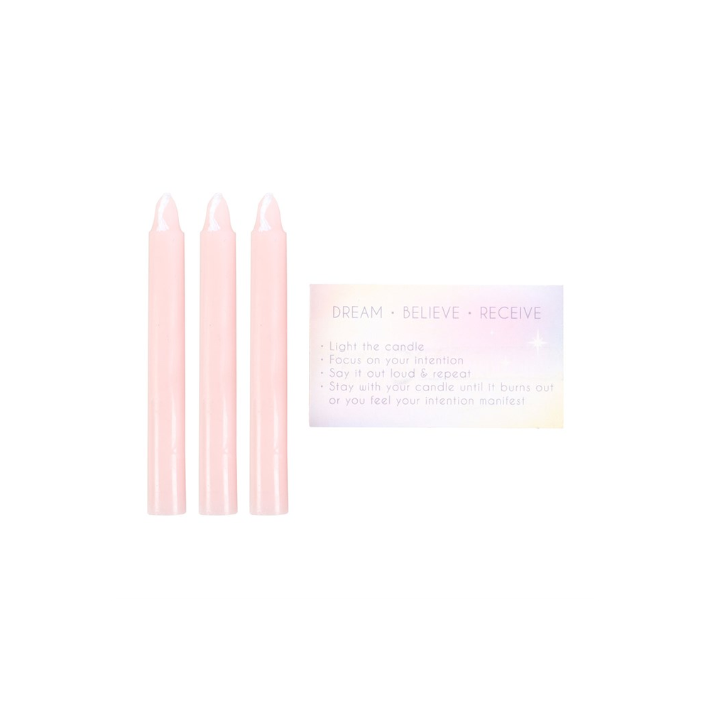 Set of 3 pink manifestation spell candles in a matchbox-style box, designed for intention setting, positive energy, and enhancing manifestation rituals.