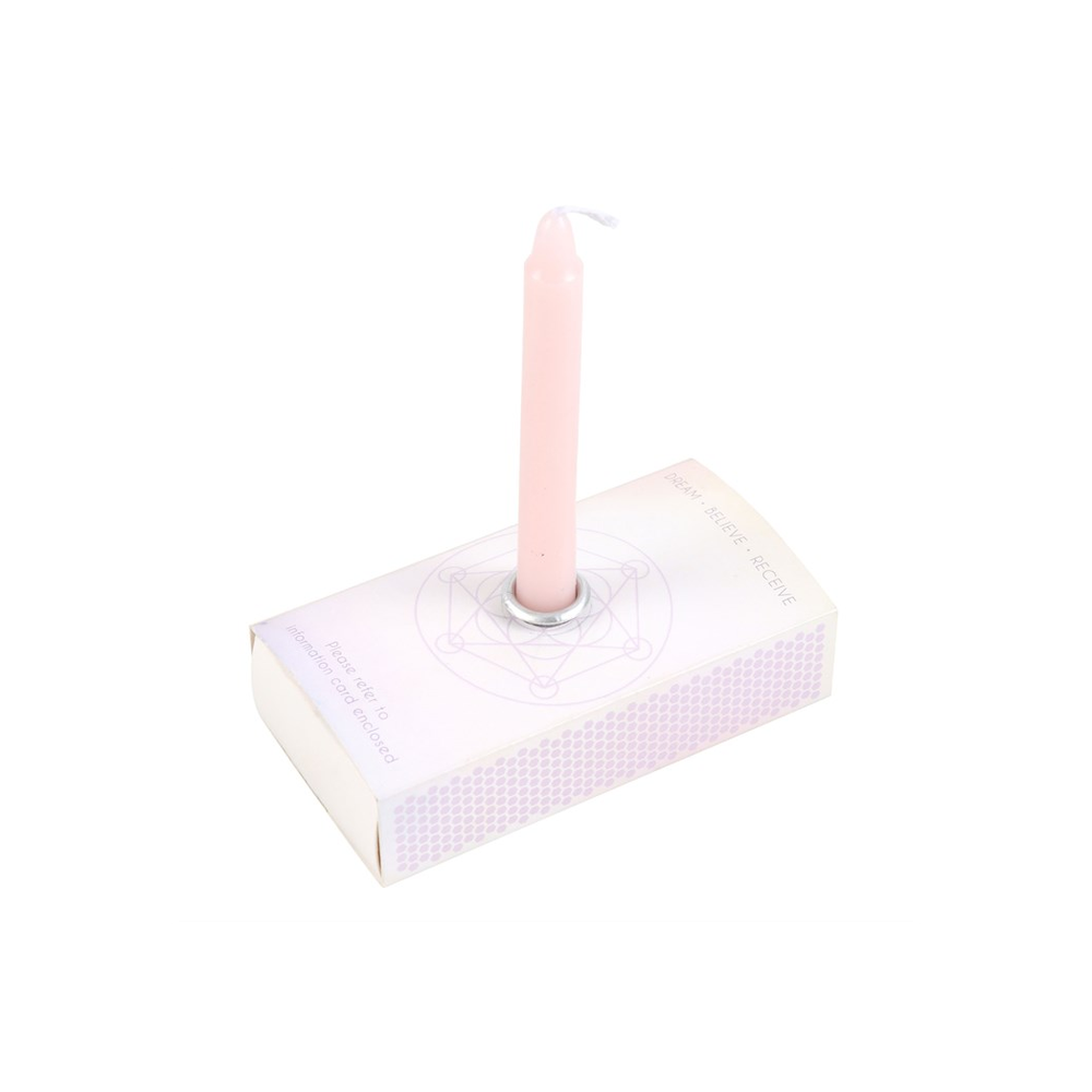 Set of 3 pink manifestation spell candles in a matchbox-style box, designed for intention setting, positive energy, and enhancing manifestation rituals.