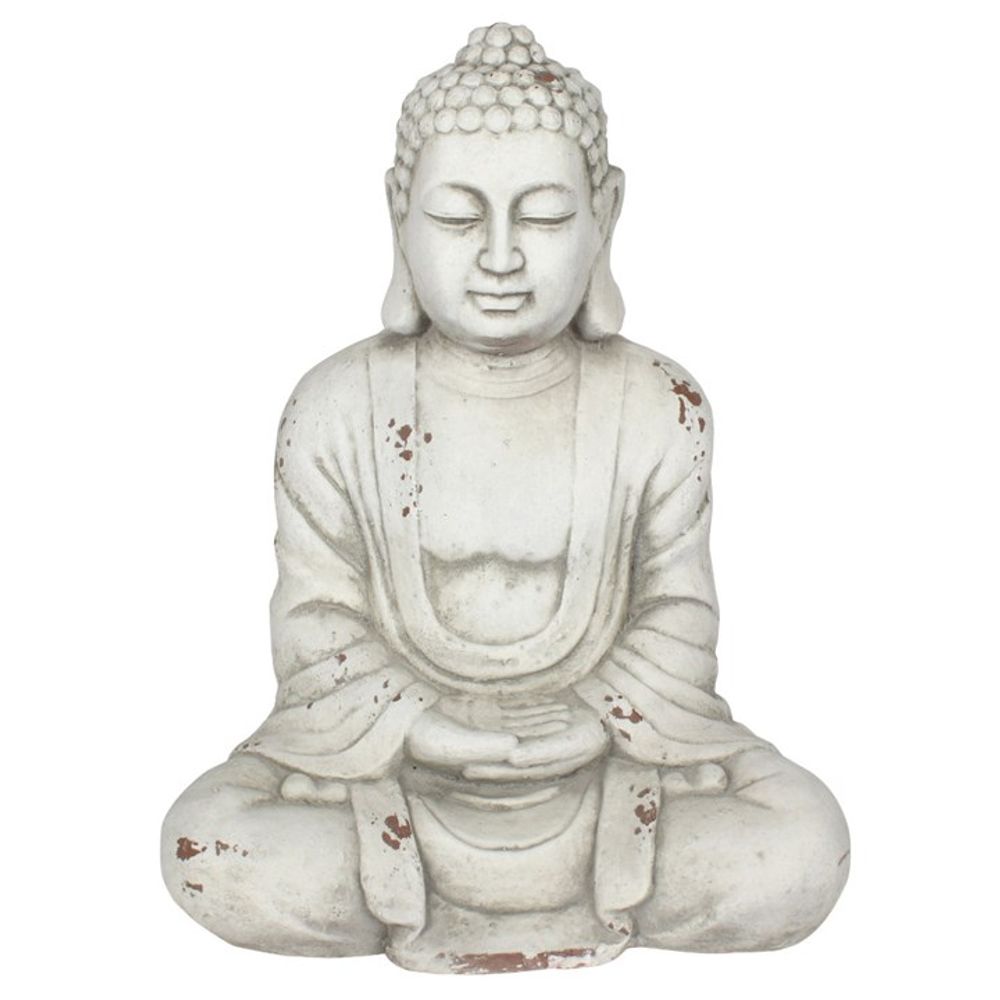 58cm white Buddha statue with hands resting in lap, made from durable fibre stone. Ideal for creating a peaceful and serene outdoor meditation space or zen garden.