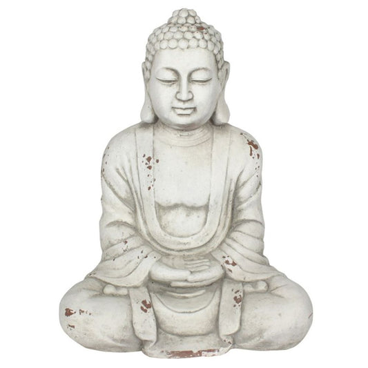 58cm white Buddha statue with hands resting in lap, made from durable fibre stone. Ideal for creating a peaceful and serene outdoor meditation space or zen garden.