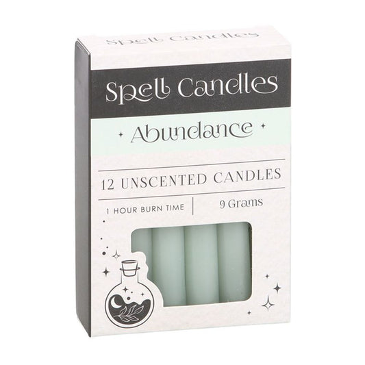 Pack of 12 Abundance Spell Candles in green, designed to attract prosperity, wealth, and positive energy. Each unscented candle has a 1-hour burn time and is perfect for manifestation rituals.