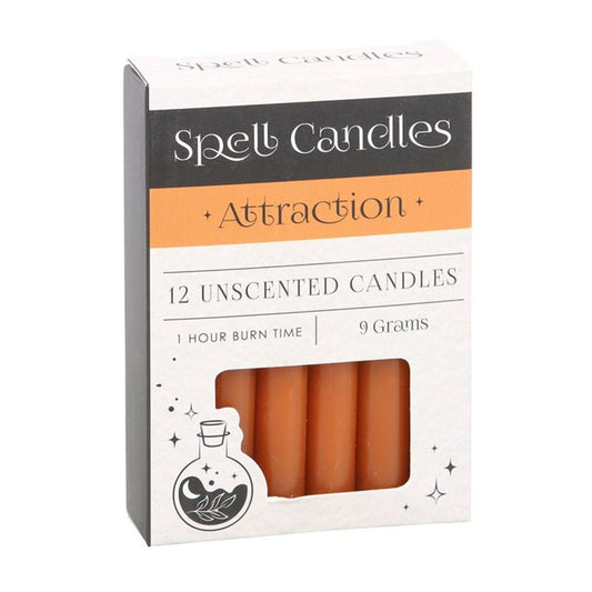 Pack of 12 Attraction Spell Candles in orange, designed to manifest love, success, and positive energy. Each unscented candle has a 1-hour burn time, ideal for manifestation rituals.