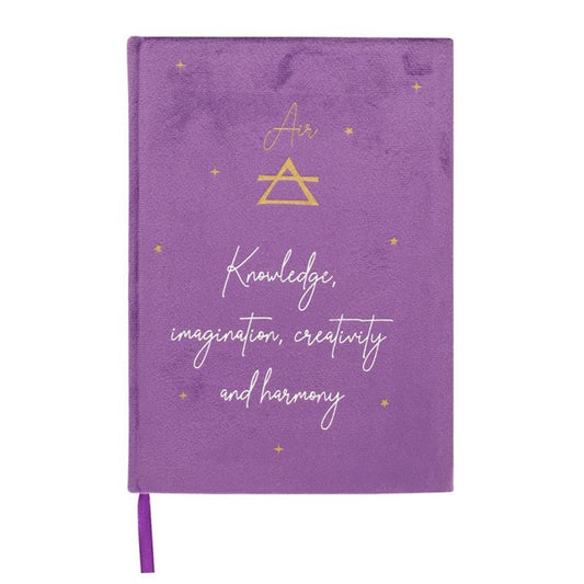 Purple velvet A5 notebook with "Knowledge, imagination, creativity and harmony" text, starry sky design on the back, representing the air element zodiac signs.