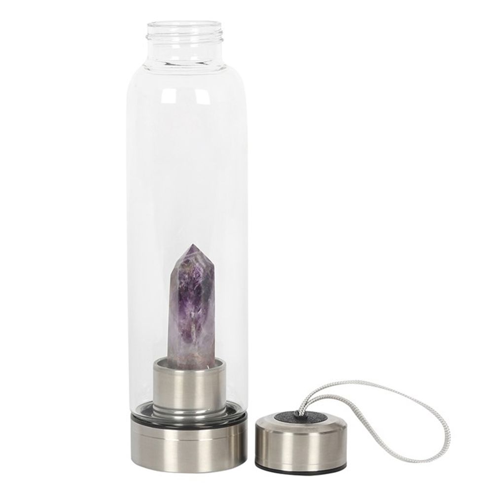 Amethyst Glass Water Bottle with screw-off base, neoprene slip cover, and crystal infusion, holding 532ml of water, designed for wellness and hydration.