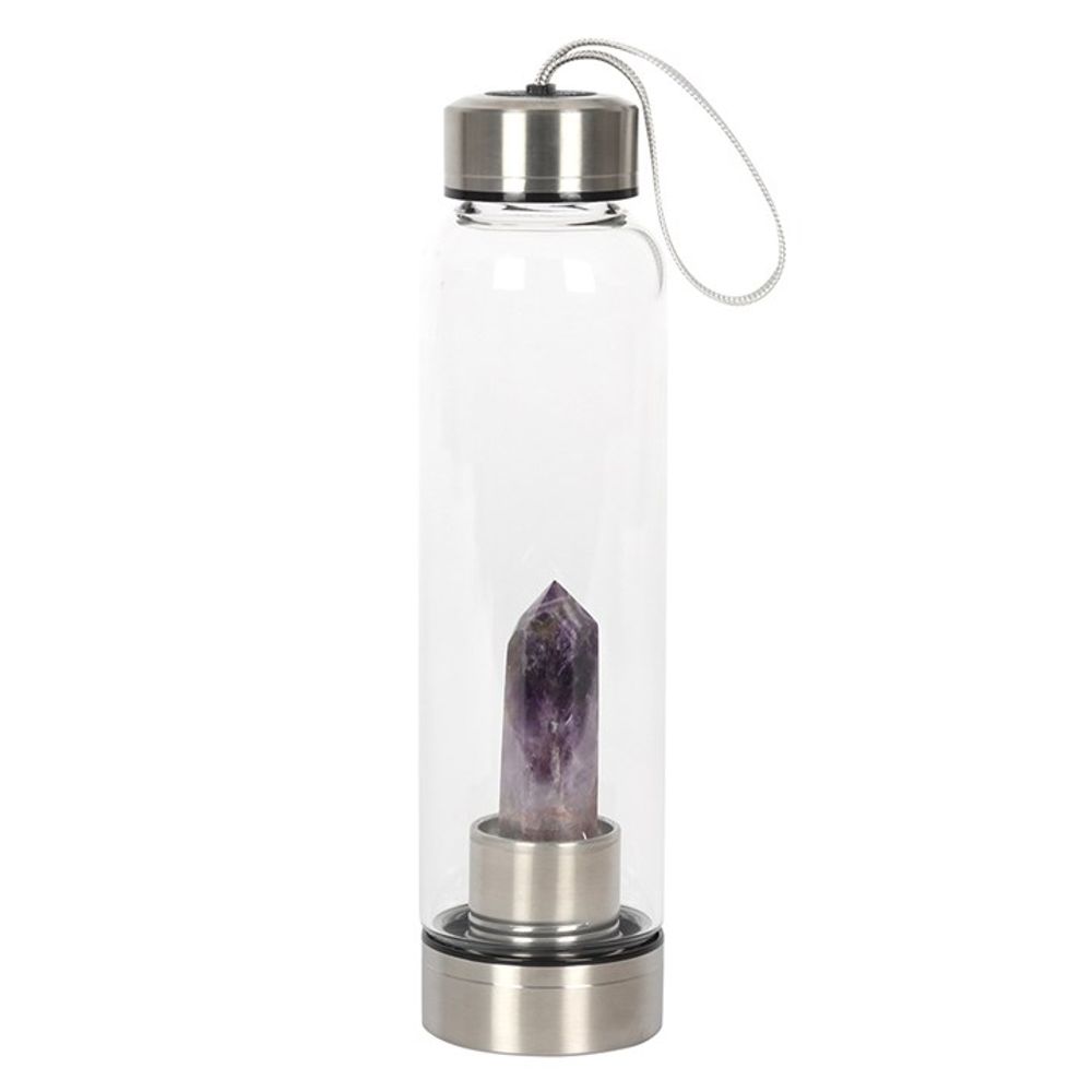 Amethyst Glass Water Bottle with screw-off base, neoprene slip cover, and crystal infusion, holding 532ml of water, designed for wellness and hydration.