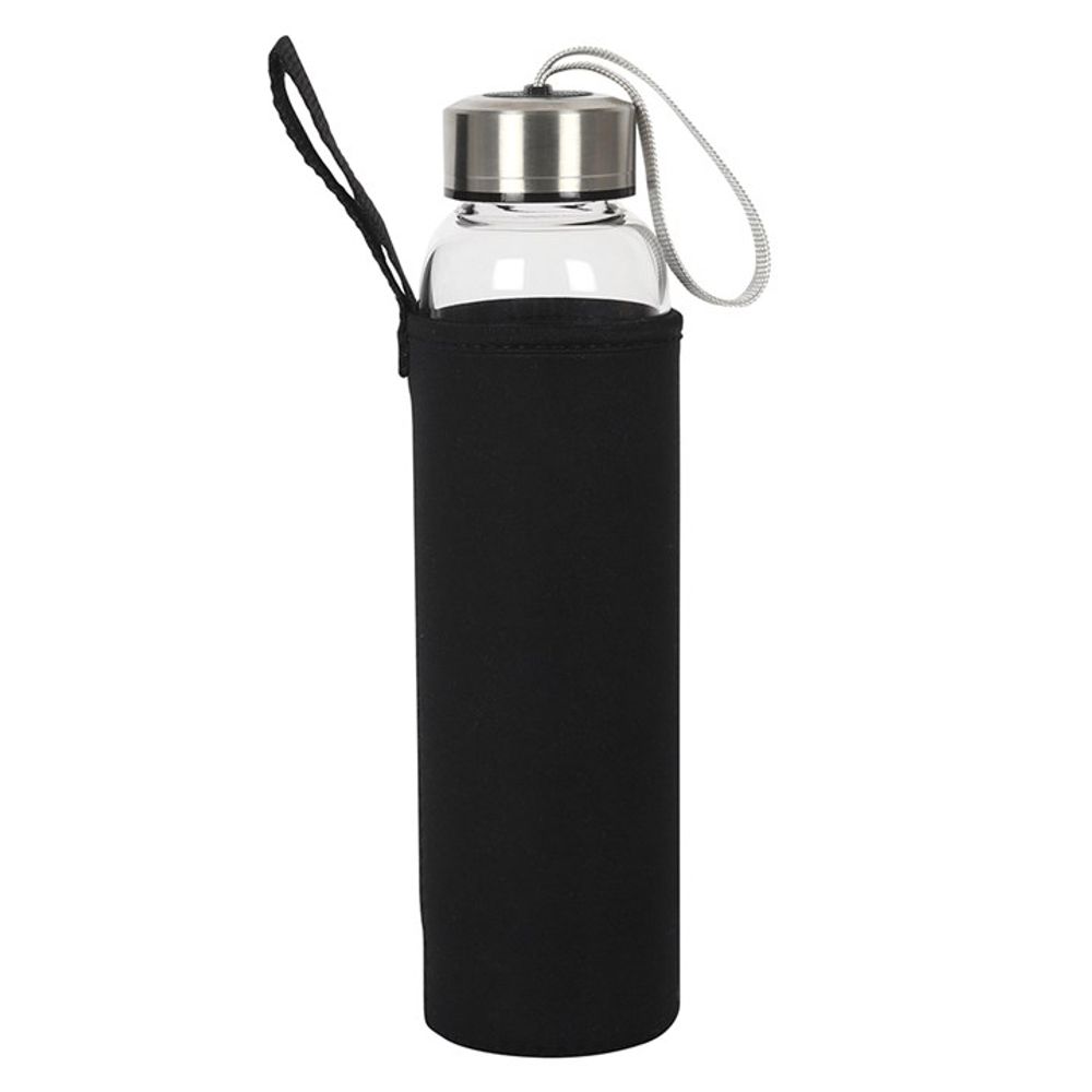 Amethyst Glass Water Bottle with screw-off base, neoprene slip cover, and crystal infusion, holding 532ml of water, designed for wellness and hydration.