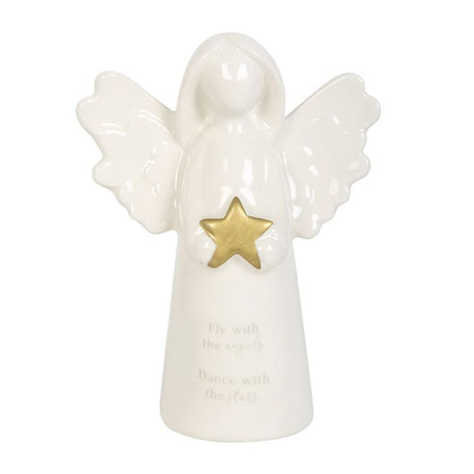 Fly With The Angels Sentiment Angel Ornament, white ceramic angel with gold star and inspirational message 'Fly with the angels, Dance with the stars'.