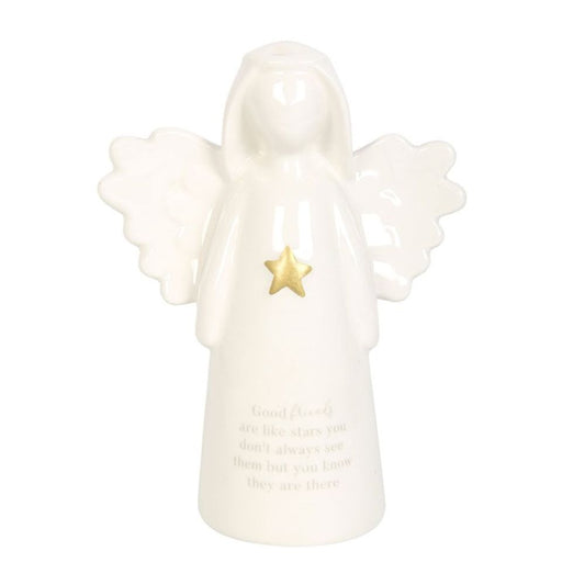 Good Friends Sentiment Angel Ornament, white ceramic angel with gold star and heartfelt message 'Good friends are like stars, you don't always see them but you know they are there.'