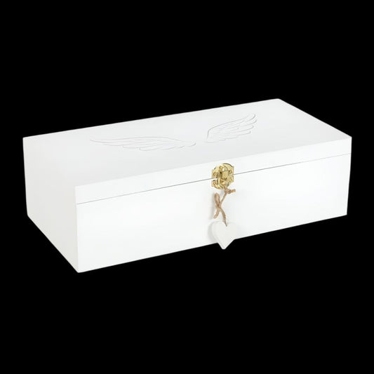 Angel Wing Memory Box with delicate angel wing design and charm on latch, perfect for storing cherished mementos and keepsakes.