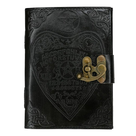 Black leather journal with an embossed spirit board design, metal clasp fastening, and rustic blank pages, evoking a mystical and enchanted spell book feel.