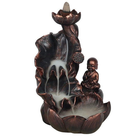 Bronze Effect Buddha Backflow Incense Burner with cascading smoke and oversized flower design