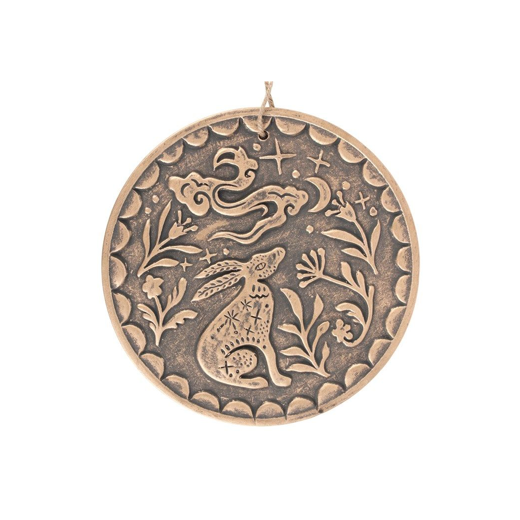 Bronze Midnight Hare Terracotta Plaque featuring a moon-gazing hare in a bronze finish, with rope for easy hanging or display on a shelf.