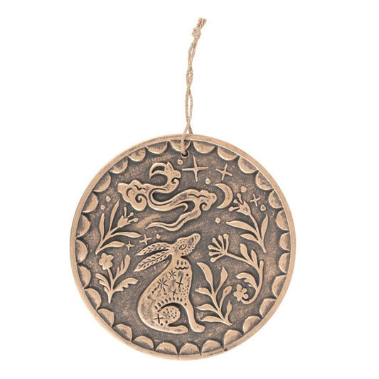 Bronze Midnight Hare Terracotta Plaque featuring a moon-gazing hare in a bronze finish, with rope for easy hanging or display on a shelf.