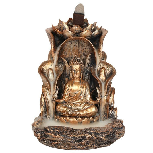 Bronze Buddha Backflow Incense Burner with cascading smoke and lotus leaf design