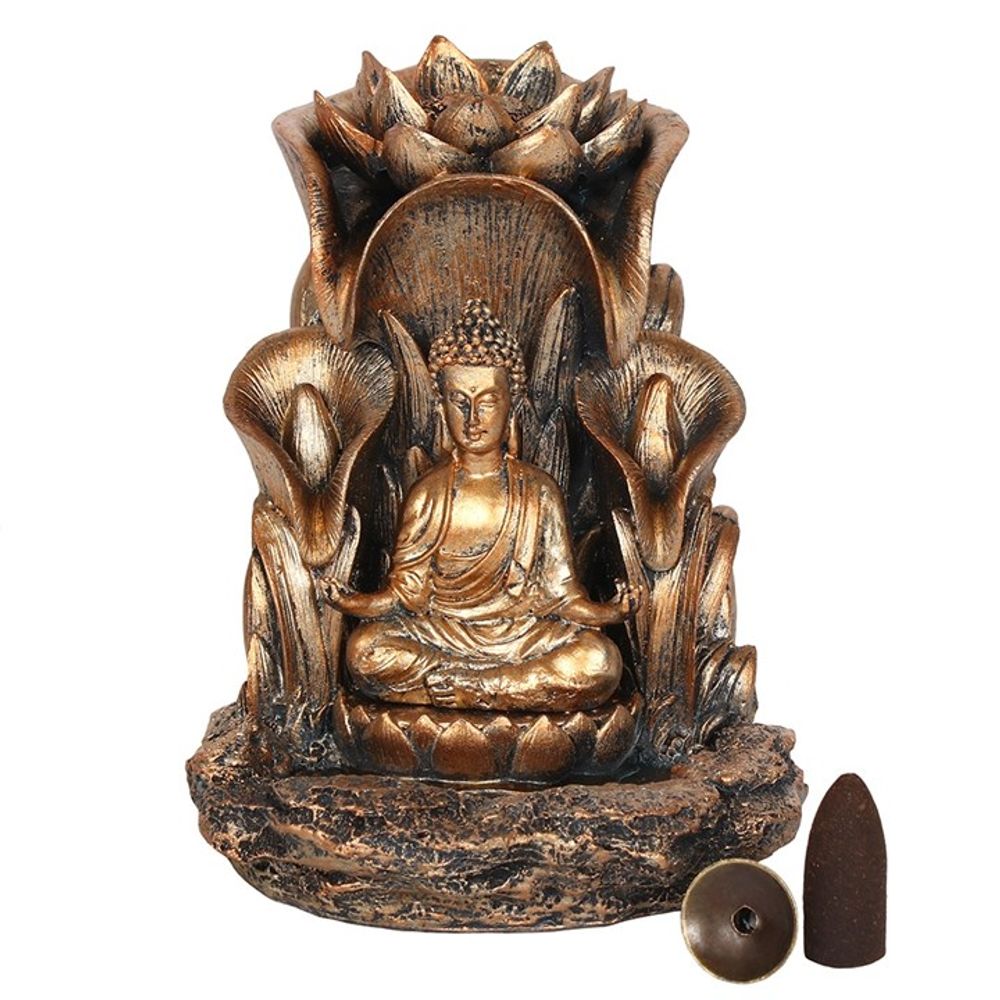 Bronze Buddha Backflow Incense Burner with cascading smoke and lotus leaf design