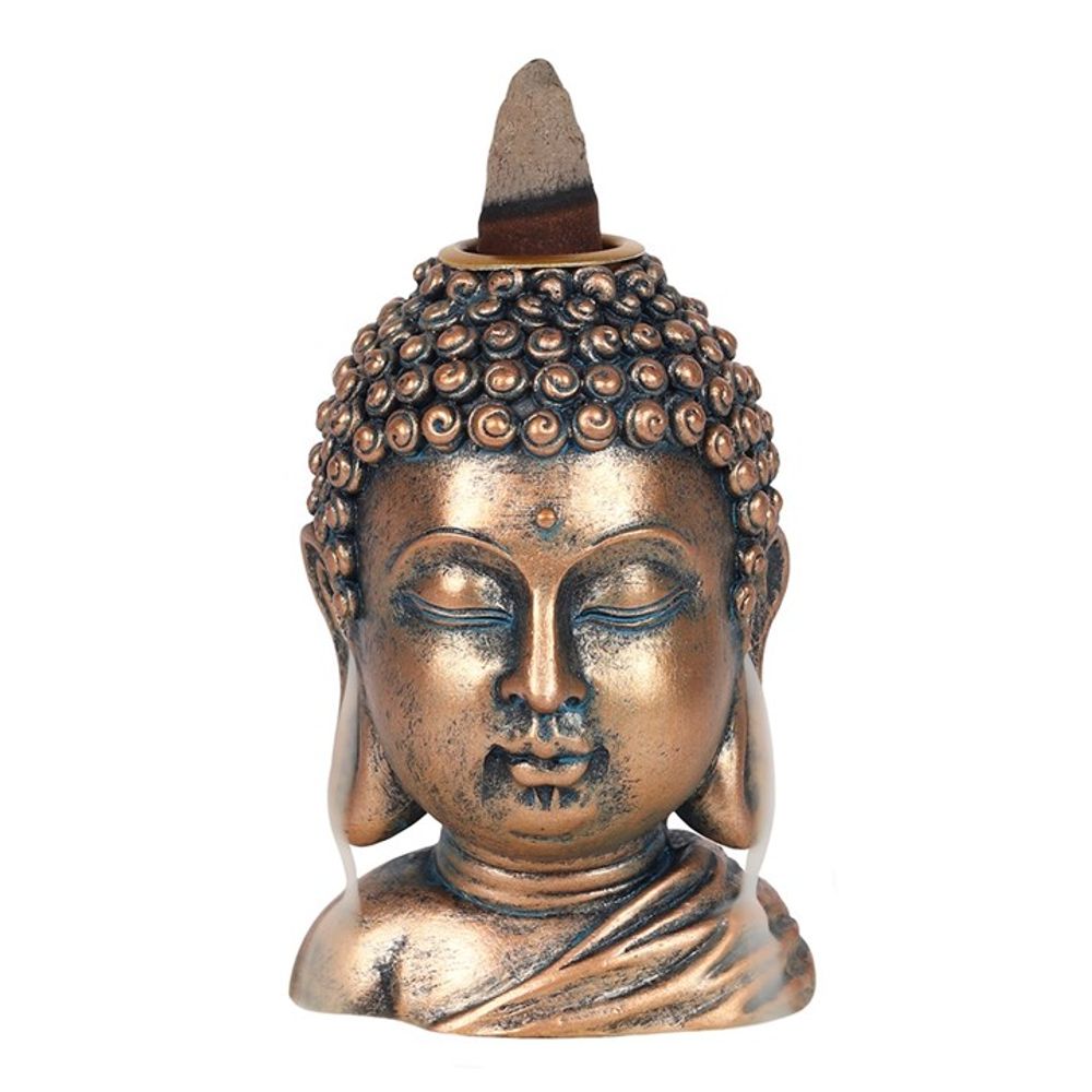 Bronze Buddha Head Backflow Incense Burner with cascading smoke effect