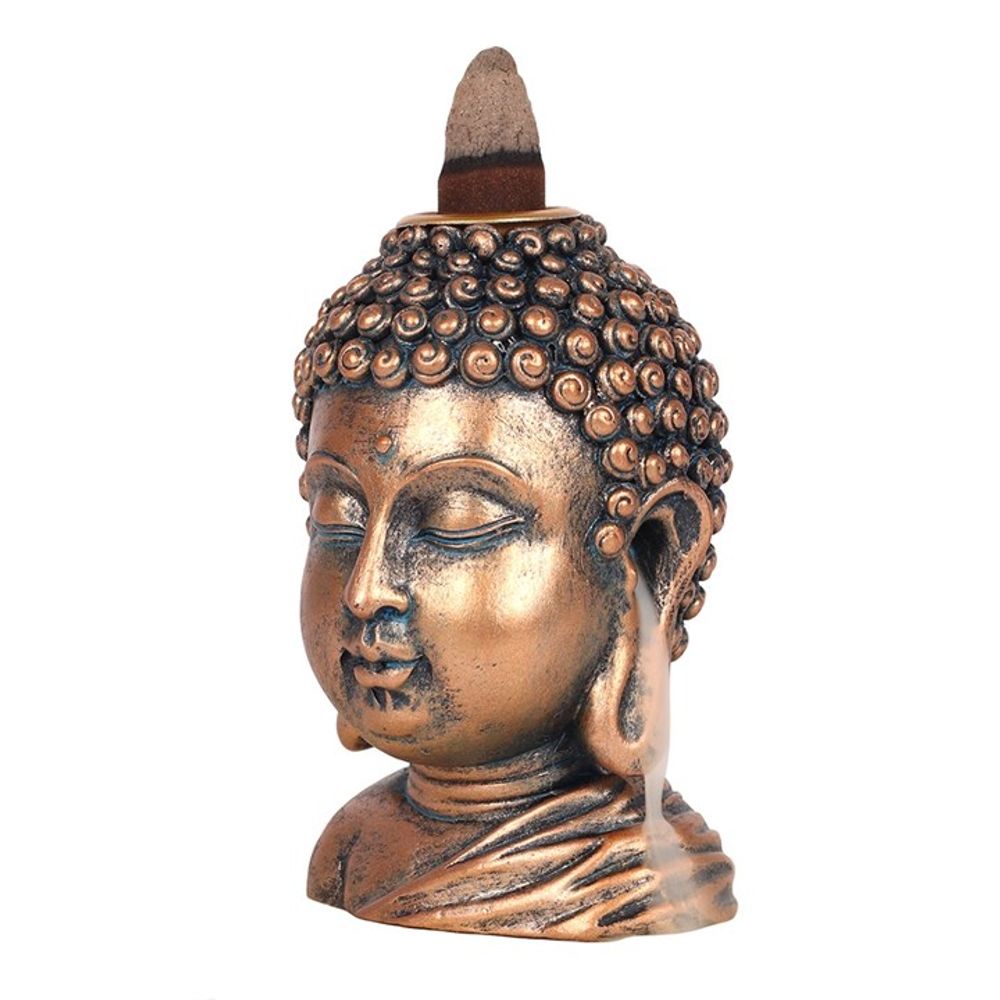 Bronze Buddha Head Backflow Incense Burner with cascading smoke effect