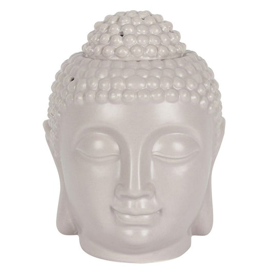 Large Grey Buddha Head Oil Burner with intricate detailing and smooth finish, perfect for aromatherapy and home décor.