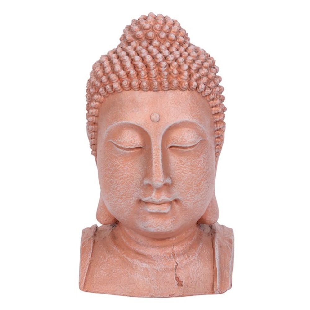 41cm Buddha head ornament with a terracotta effect, perfect for creating a peaceful zen garden or adding tranquility to indoor and outdoor spaces.