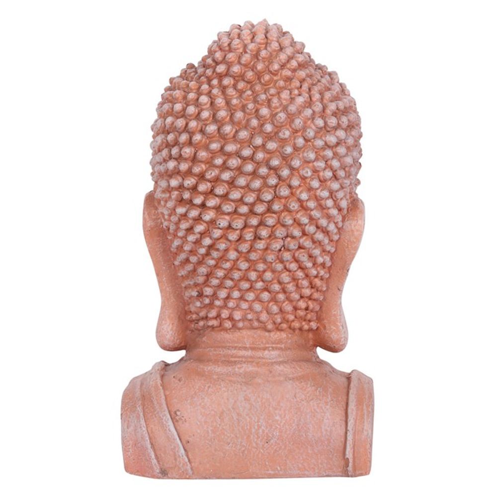 41cm Buddha head ornament with a terracotta effect, perfect for creating a peaceful zen garden or adding tranquility to indoor and outdoor spaces.