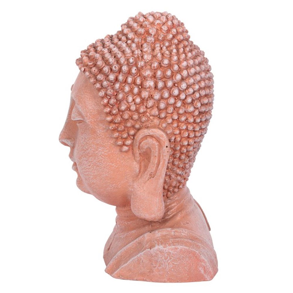 41cm Buddha head ornament with a terracotta effect, perfect for creating a peaceful zen garden or adding tranquility to indoor and outdoor spaces.