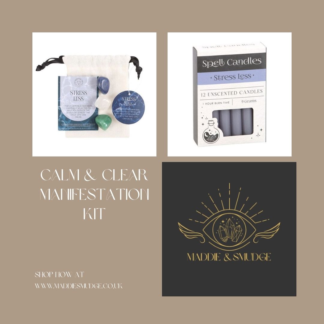 Calm and Clear Manifestation Kit with healing crystals, spell candles, and energy tools for stress relief and inner peace