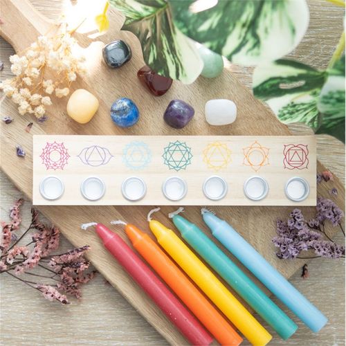 Chakra Healing Bundle with Chakra Ball Bracelet, Chakra Energy Candles, and Wooden Candle Holder for meditation, energy healing, and spiritual balance.