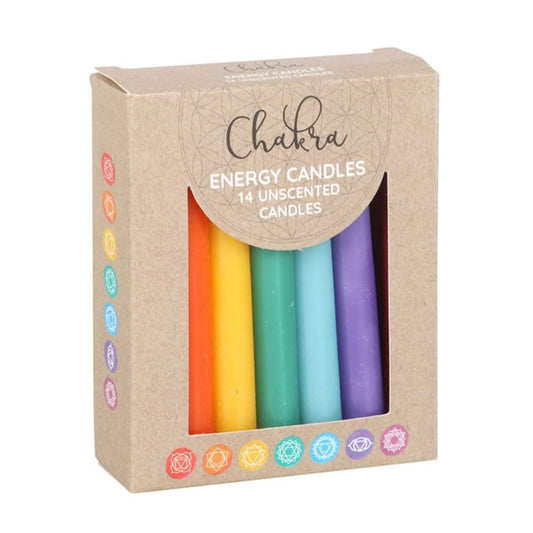 Pack of 14 Unscented Chakra Energy Candles in 7 colors for meditation, healing, and chakra alignment.