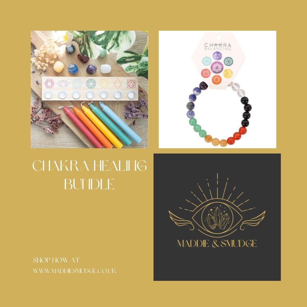 Chakra Healing Bundle with Chakra Ball Bracelet, Chakra Energy Candles, and Wooden Candle Holder for meditation, energy healing, and spiritual balance.