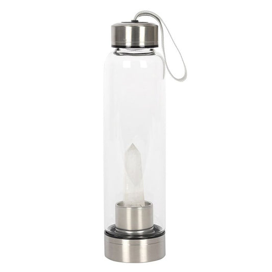 Clear Quartz Glass Water Bottle with rubberised base and neoprene slip cover, holding 532ml of water, designed for easy cleaning and protection.