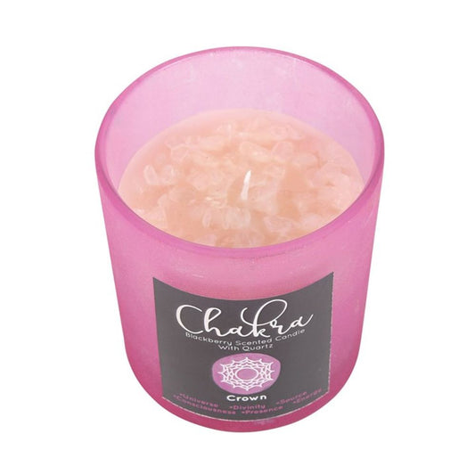 Blackberry scented Crown Chakra candle with clear quartz crystal chips in pink frosted glass holder and metallic lid