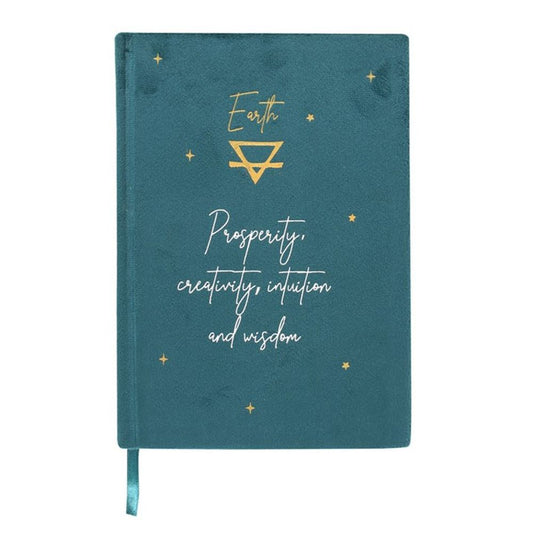 A green velvet A5 notebook featuring "Prosperity, creativity, intuition, and wisdom" text on the cover, with a starry sky design on the reverse and gold foil accents.