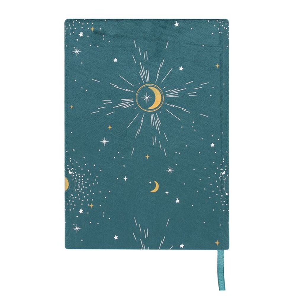 A green velvet A5 notebook featuring "Prosperity, creativity, intuition, and wisdom" text on the cover, with a starry sky design on the reverse and gold foil accents.