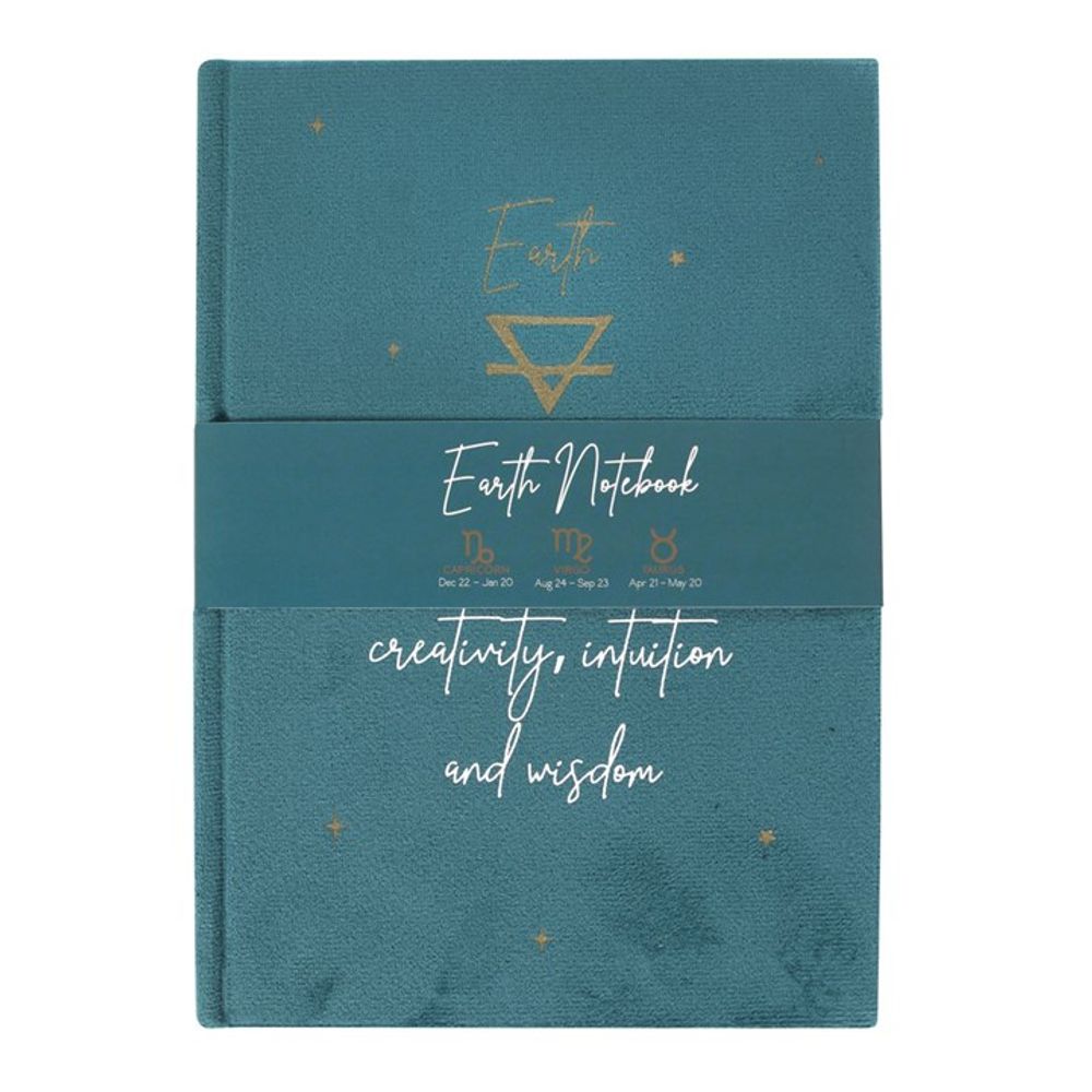 A green velvet A5 notebook featuring "Prosperity, creativity, intuition, and wisdom" text on the cover, with a starry sky design on the reverse and gold foil accents.