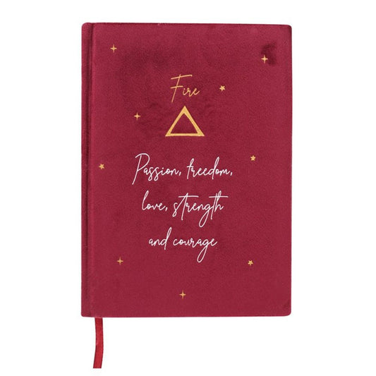 Fire Element Velvet A5 Notebook with "Passion, Freedom, Love, Strength, Courage" text and starry sky design, perfect for Aries, Leo, and Sagittarius.