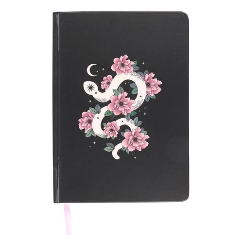 Floral Snake A5 Notebook with white snake and pink flower design, 200 lined pages, ribbon marker.