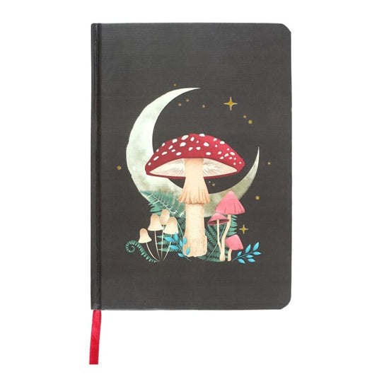 Forest Mushroom A5 Notebook with mystical mushroom design, gold foil edges, and ribbon marker. Perfect for journaling, notes, and creative writing.