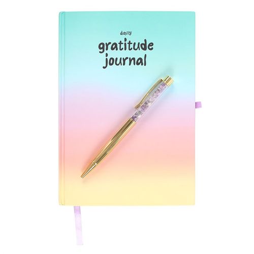 Multicoloured gratitude journal with amethyst pen, featuring daily prompts for reflection and personal growth.