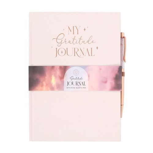 Gratitude Journal with Rose Quartz Chip Pen, featuring printed prompts for affirmations, goals, and gratitude. Elegant A5 journal with 200 lined pages.