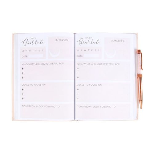 Gratitude Journal with Rose Quartz Chip Pen, featuring printed prompts for affirmations, goals, and gratitude. Elegant A5 journal with 200 lined pages.