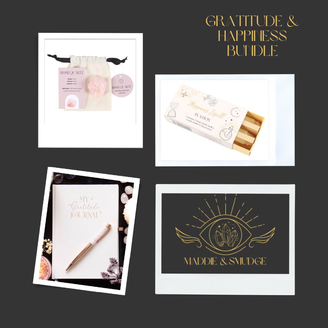 Gratitude and Happiness Ritual Bundle featuring rose quartz crystal, magic happiness spell candles, gratitude journal, and rose quartz pen